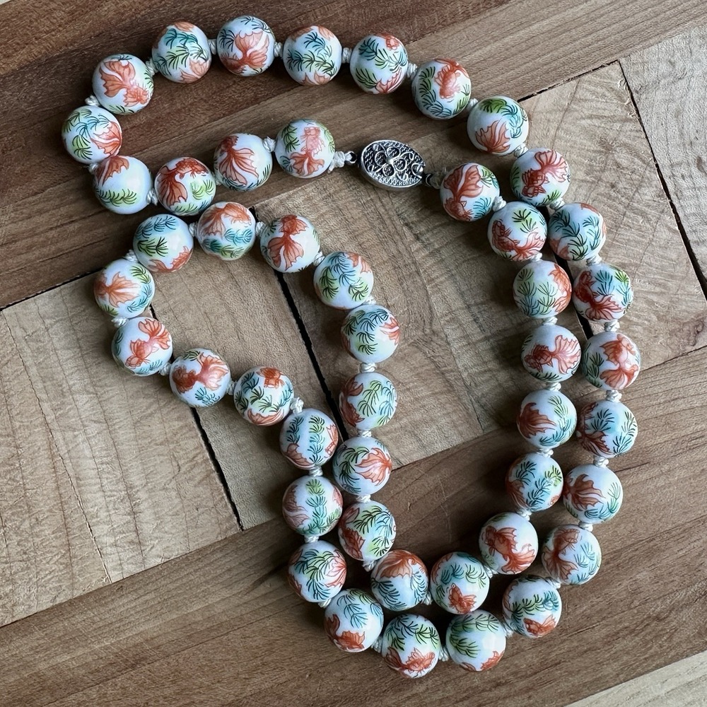 Vintage Asian Porcelain Koi Fish Bead Necklace 29 Inch Hand Knotted Silver Clasp